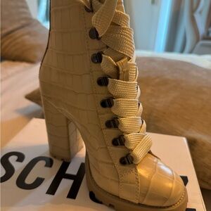 SCHUTZ Beige Croc-Embossed Heeled Boots